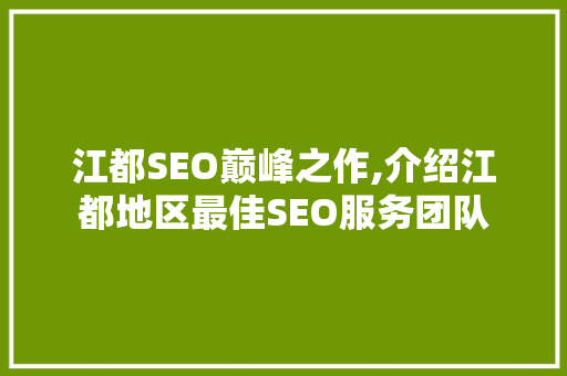 江都SEO巅峰之作,介绍江都地区最佳SEO服务团队