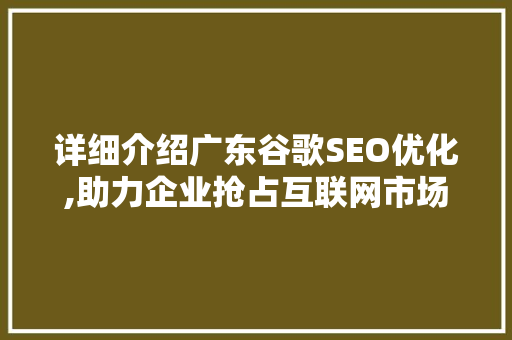 详细介绍广东谷歌SEO优化,助力企业抢占互联网市场制高点