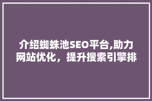 介绍蜘蛛池SEO平台,助力网站优化，提升搜索引擎排名