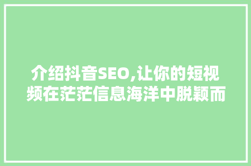 介绍抖音SEO,让你的短视频在茫茫信息海洋中脱颖而出