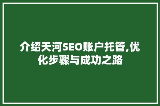 介绍天河SEO账户托管,优化步骤与成功之路