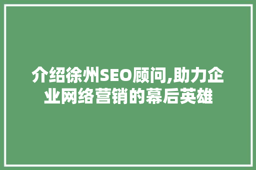介绍徐州SEO顾问,助力企业网络营销的幕后英雄
