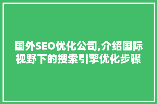 国外SEO优化公司,介绍国际视野下的搜索引擎优化步骤