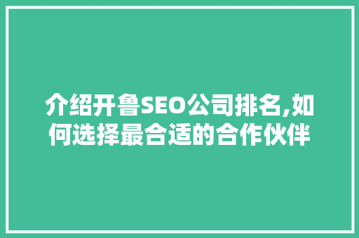 介绍开鲁SEO公司排名,如何选择最合适的合作伙伴