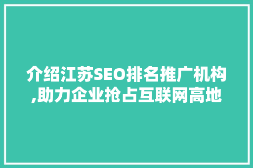 介绍江苏SEO排名推广机构,助力企业抢占互联网高地