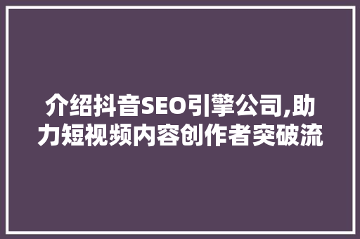 介绍抖音SEO引擎公司,助力短视频内容创作者突破流量瓶颈