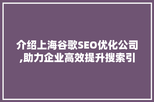 介绍上海谷歌SEO优化公司,助力企业高效提升搜索引擎排名