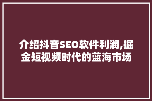 介绍抖音SEO软件利润,掘金短视频时代的蓝海市场