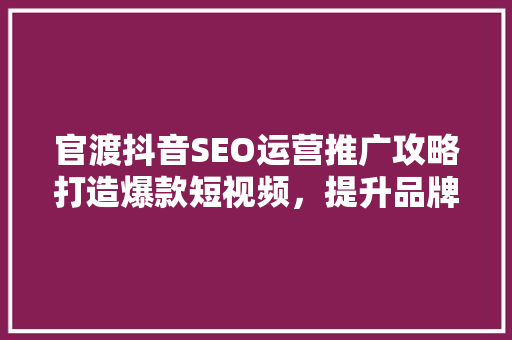 官渡抖音SEO运营推广攻略打造爆款短视频，提升品牌影响力