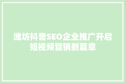 潍坊抖音SEO企业推广开启短视频营销新篇章