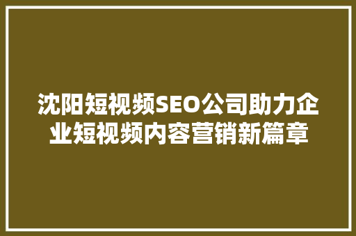 沈阳短视频SEO公司助力企业短视频内容营销新篇章