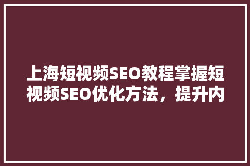上海短视频SEO教程掌握短视频SEO优化方法，提升内容传播力