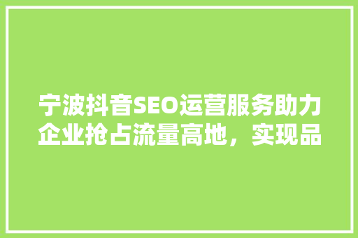宁波抖音SEO运营服务助力企业抢占流量高地，实现品牌价值最大化