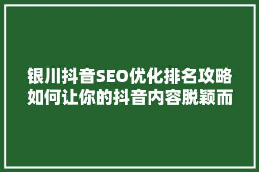 银川抖音SEO优化排名攻略如何让你的抖音内容脱颖而出