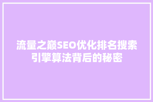 流量之巅SEO优化排名搜索引擎算法背后的秘密