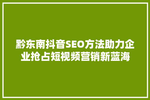 黔东南抖音SEO方法助力企业抢占短视频营销新蓝海