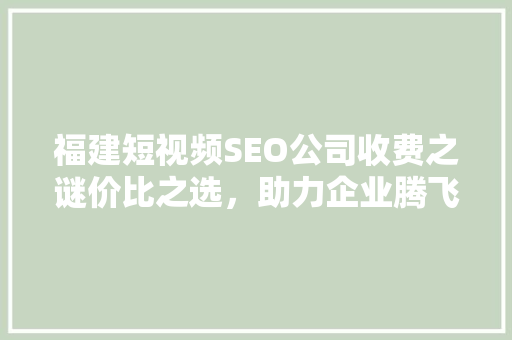 福建短视频SEO公司收费之谜价比之选，助力企业腾飞