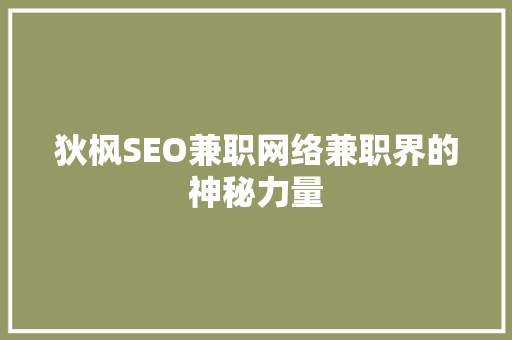 狄枫SEO兼职网络兼职界的神秘力量