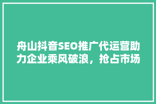 舟山抖音SEO推广代运营助力企业乘风破浪，抢占市场先机