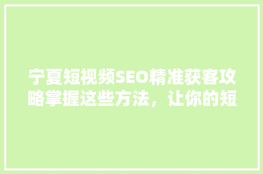 宁夏短视频SEO精准获客攻略掌握这些方法，让你的短视频流量翻倍