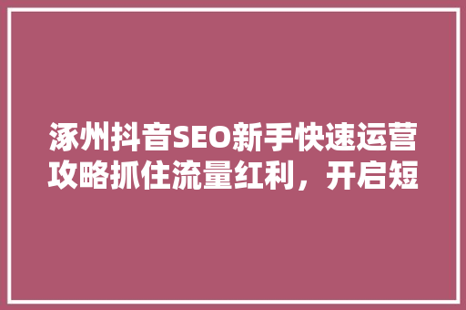 涿州抖音SEO新手快速运营攻略抓住流量红利，开启短视频营销新篇章