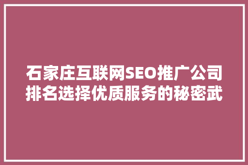 石家庄互联网SEO推广公司排名选择优质服务的秘密武器